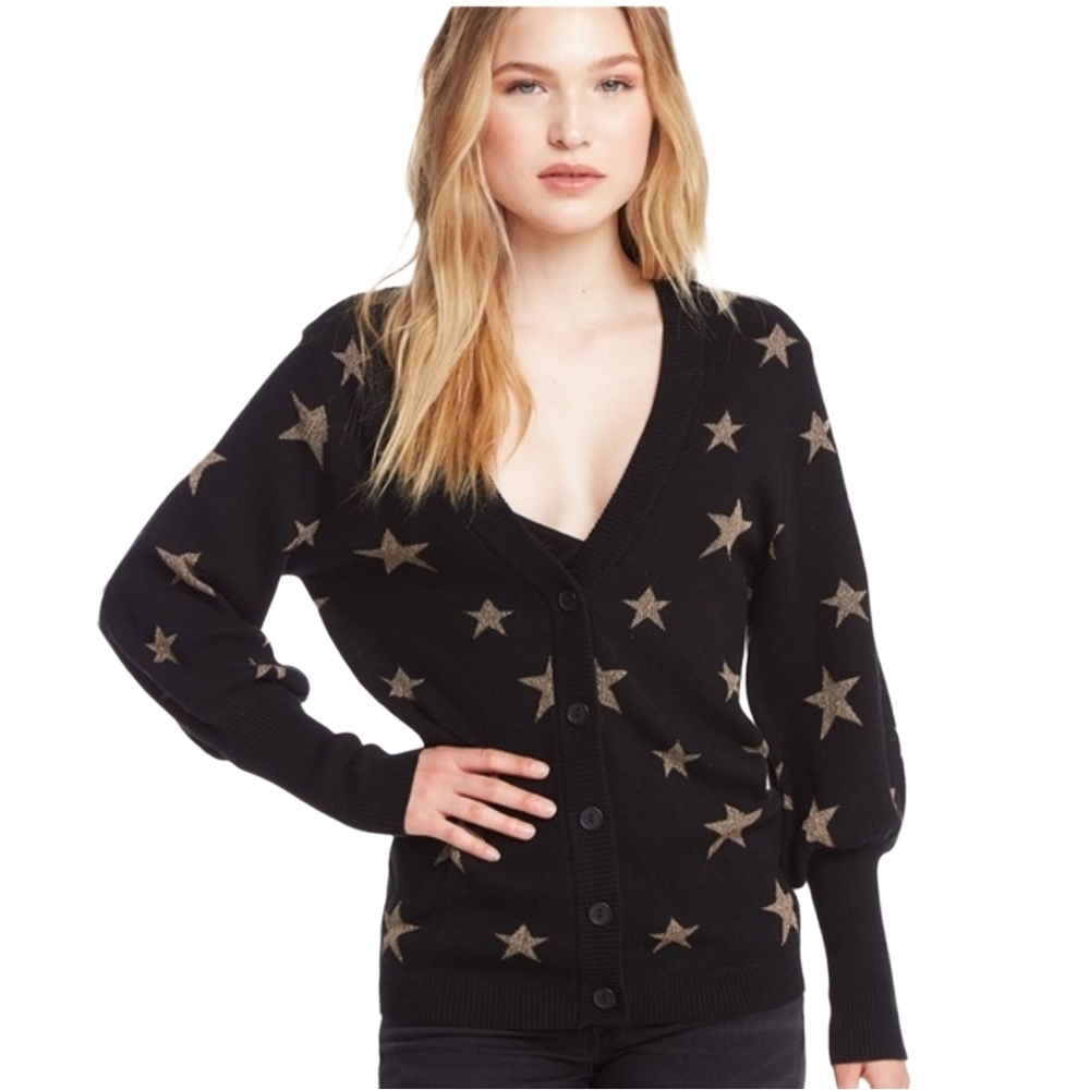 Chaser Black Gold Star Button Down Bishop Sleeve Cardigan Size Small